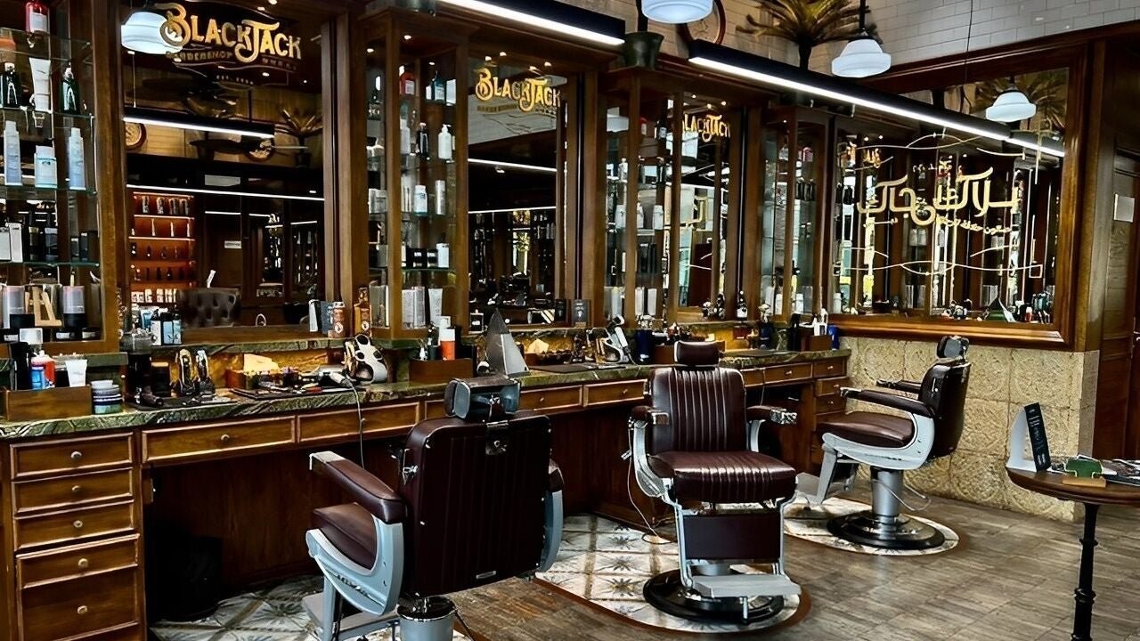 Interior of Blackjack Bluewaters with leather barber chairs and wooden grooming stations